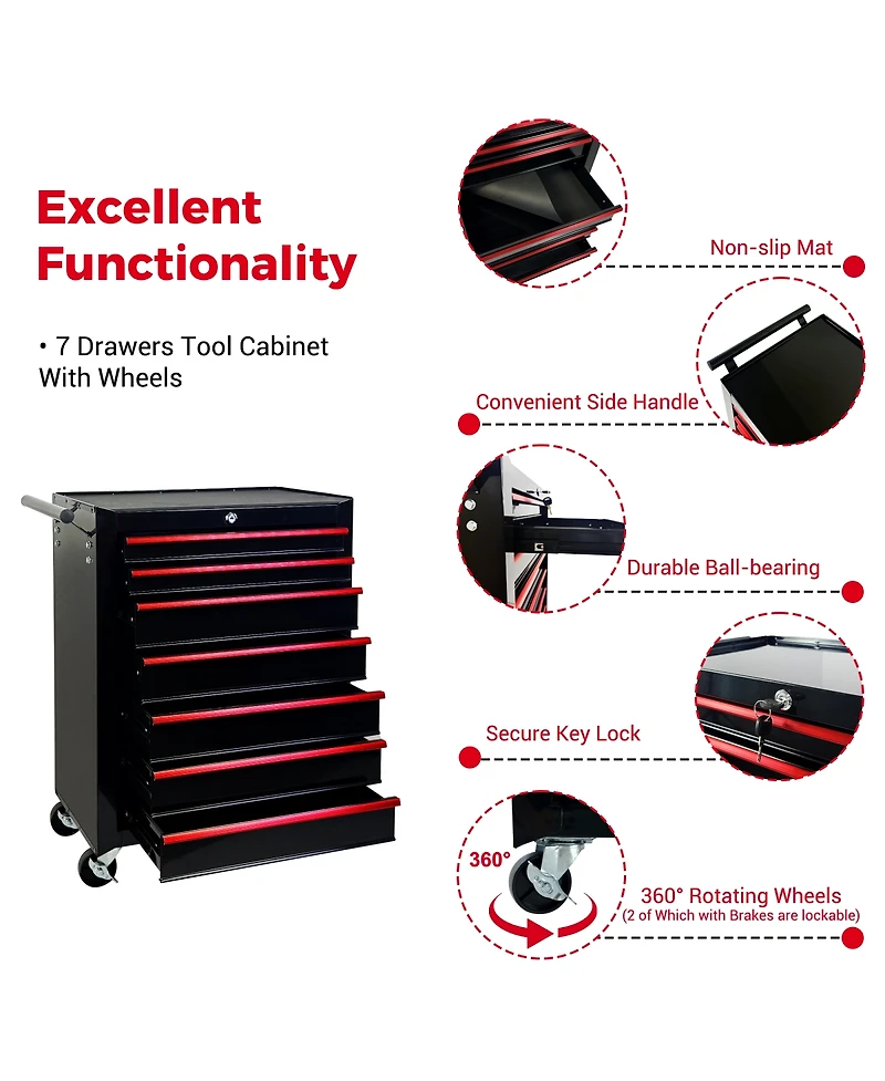 Streamdale Furniture Rolling Metal 7-Drawer Tool Chest Cabinet with Ball Bearing Slides