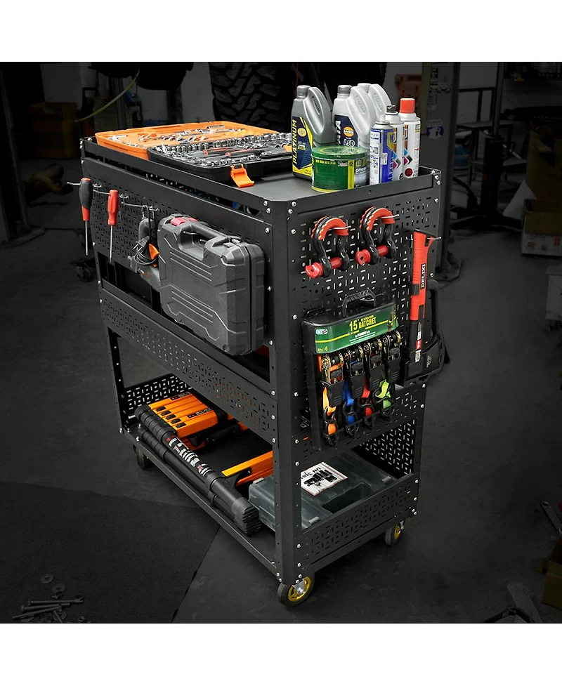 Streamdale Furniture 3-Tier Detachable Rolling Utility Tool Cart with Pegboard