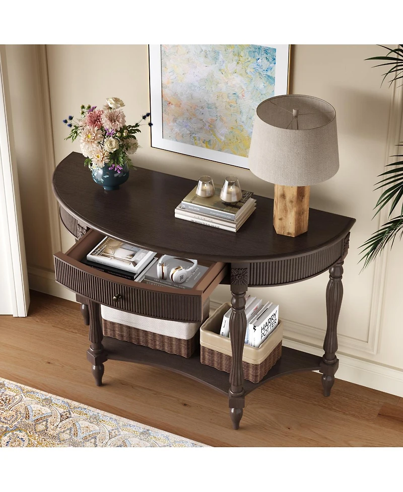 Streamdale Furniture Solid Wood Half Moon Console Table with Drawer and Shelf, Deep Rustic