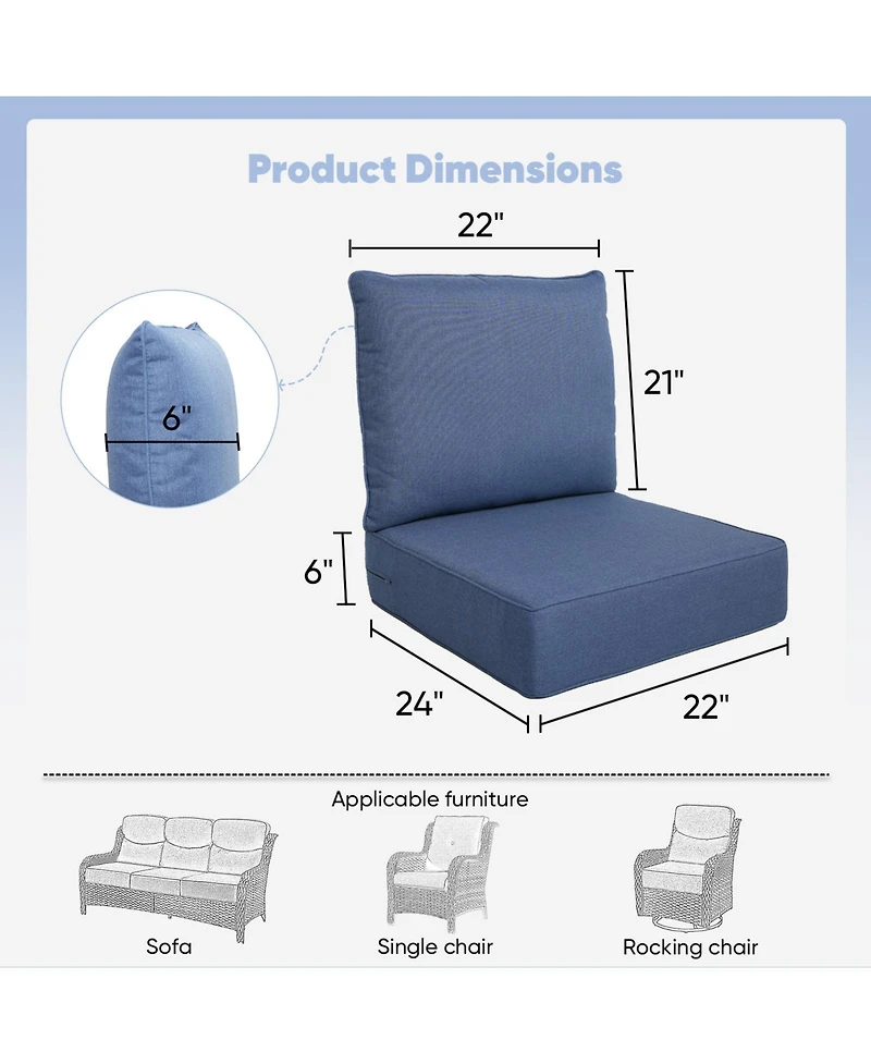 Pocassy Outdoor Deep Seat Cushion Set 24"x22", 6-inch Thicked Waterproof Patio Furniture Cushions with Removable Cover