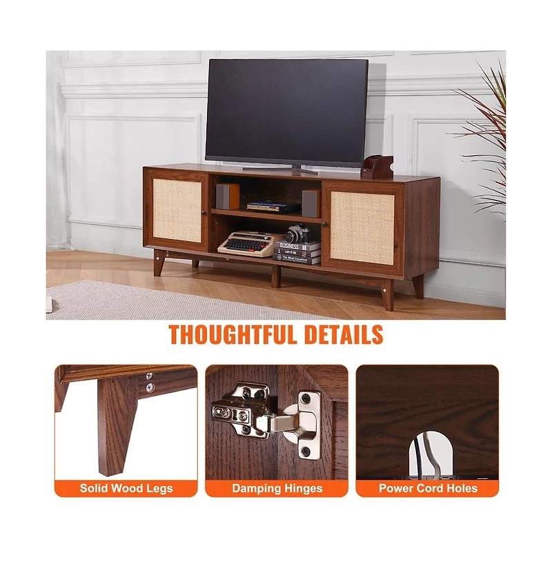 Slickblue Tv Stand with Rattan Door and Storage Shelves, Modern Media Console for Living Room