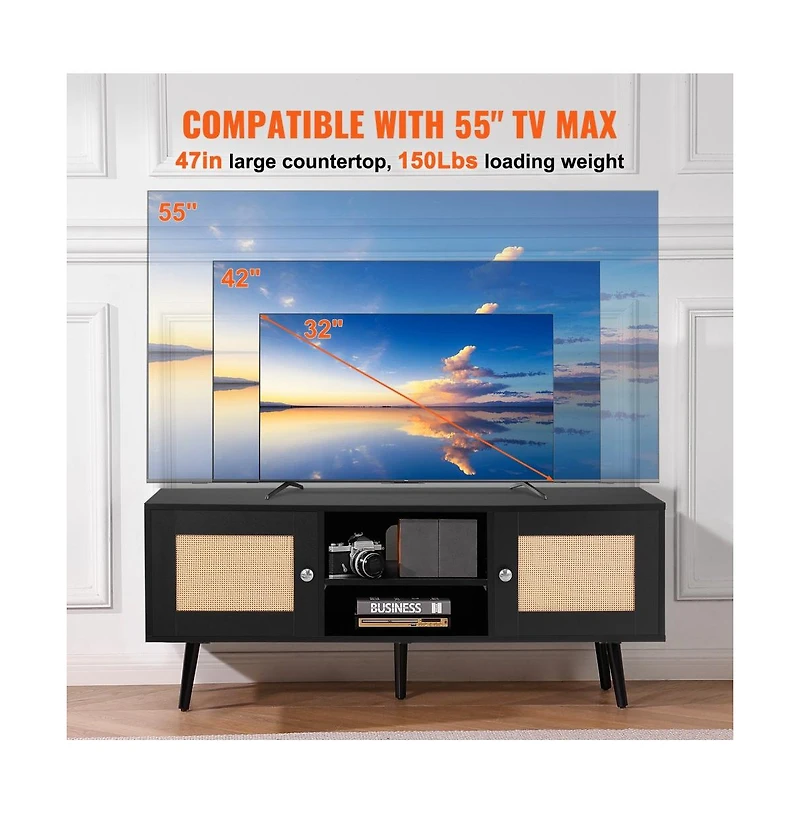 Slickblue Rattan Tv Console with Adjustable Shelves, Media Cabinet Stand for Living Room & Bedroom