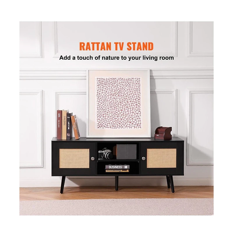 Slickblue Rattan Tv Console with Adjustable Shelves, Media Cabinet Stand for Living Room & Bedroom