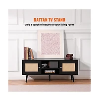 Slickblue Rattan Tv Console with Adjustable Shelves, Media Cabinet Stand for Living Room & Bedroom