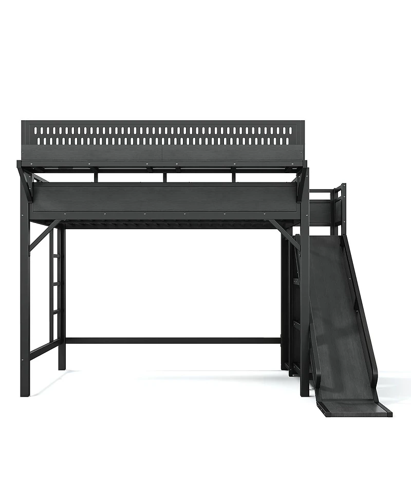 Streamdale Furniture Full Size Metal Loft Bed with Slide, Wardrobe and Led Lights