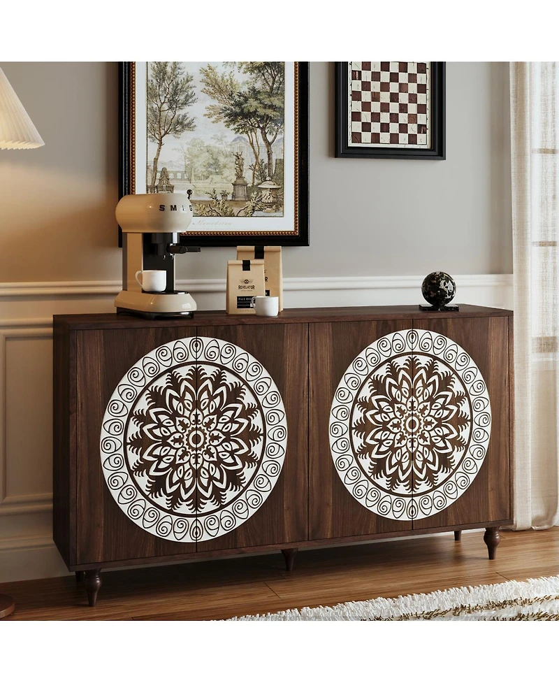 Streamdale Furniture 60" Boho Carved Walnut Sideboard Buffet Cabinet