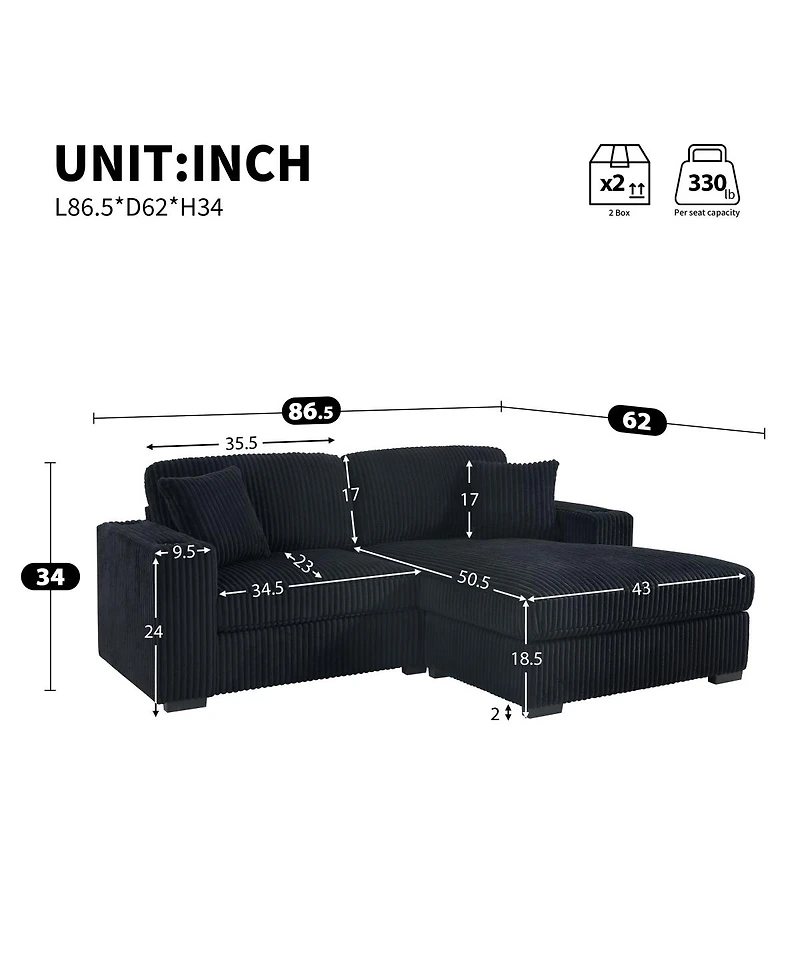 Streamdale Furniture 86.5" L-Shaped Corduroy Sectional Sofa with Cup Holders and Charging Ports