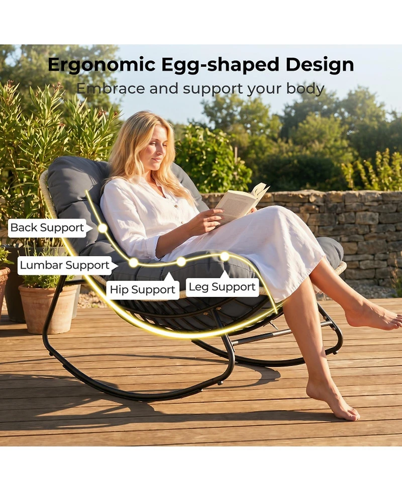 Sugift Outdoor Papasan Rocking Chair with Extra-Thick Cushioned Egg-Shaped Seat