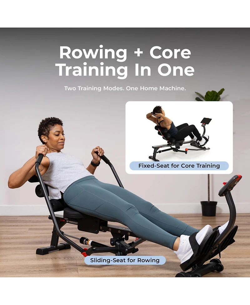 Sunny Health and Fitness 2-in-1 Smart Full Motion Rowing Machine with Core Trainer, 12 Resistance Levels and Trainer-Led Workouts via SunnyFit App