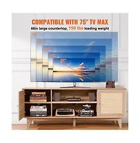 Slickblue Modern Rattan Tv Console with Built-In Power Socket, Storage Shelves for Bedroom and Media Room