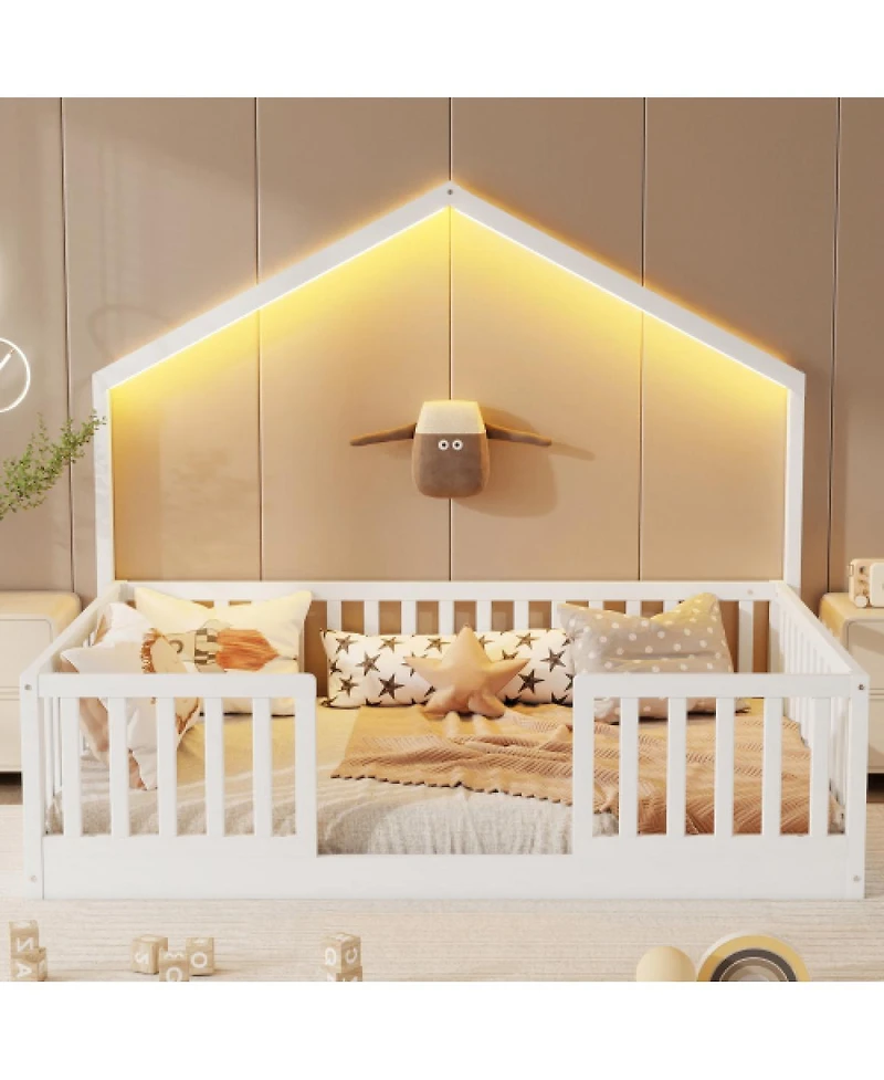 Streamdale Furniture Full Floor Bed with High Rails and Light for Kids