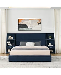 Streamdale Furniture Queen Velvet Storage Platform Bed Frame with Bookcases and Drawer