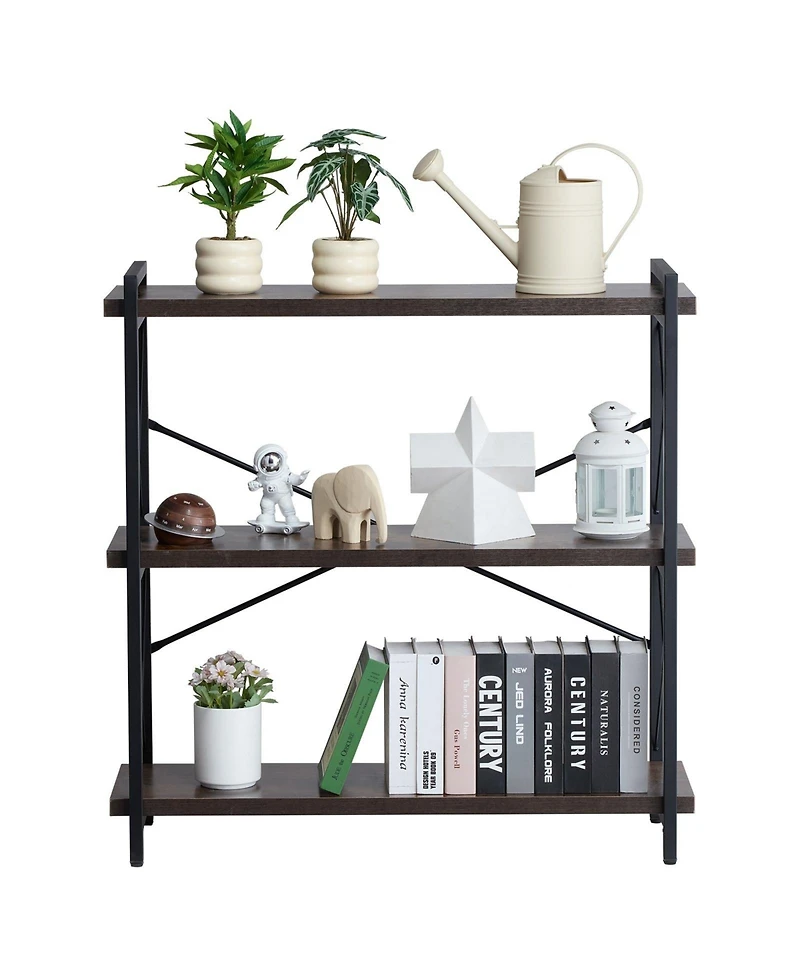Slickblue Freestanding 3-Tier Bookshelf with Metal Frame, Rustic Storage Shelving Unit for Bedroom and Living Room