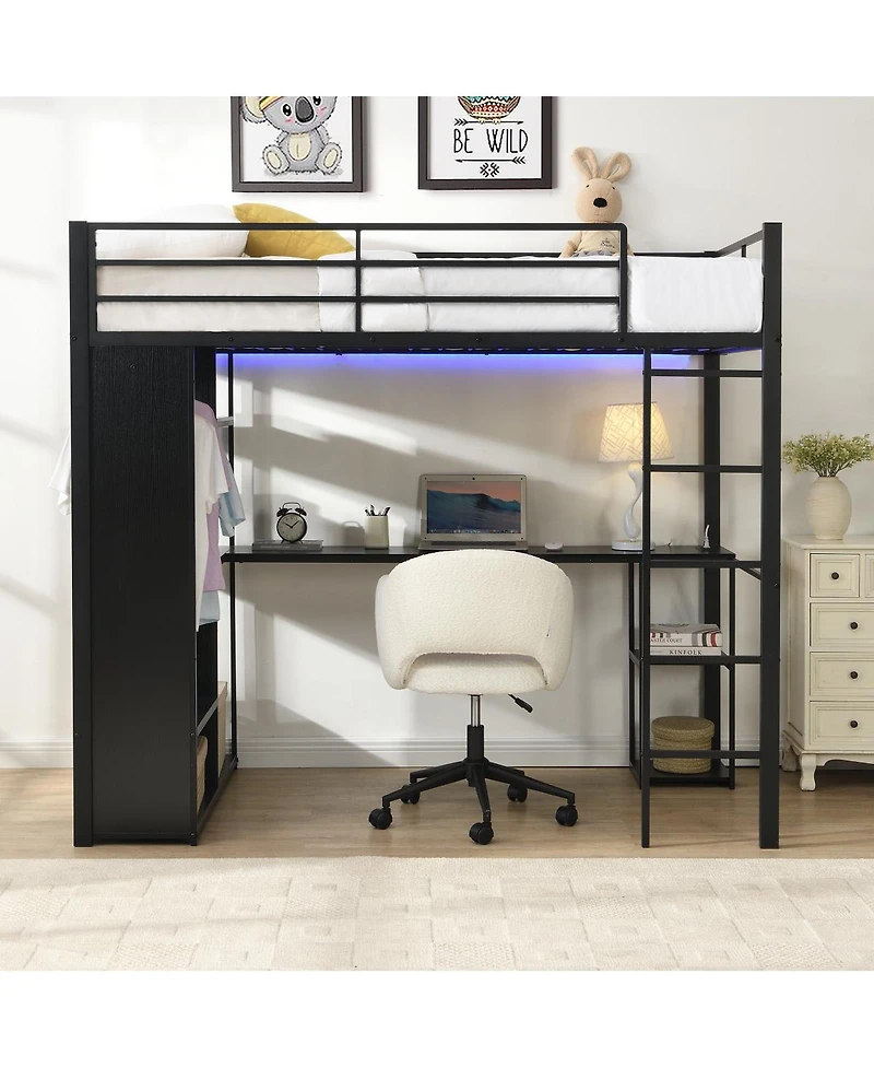Streamdale Furniture Twin Metal Loft Bed with Desk and Open Storage Cabinet