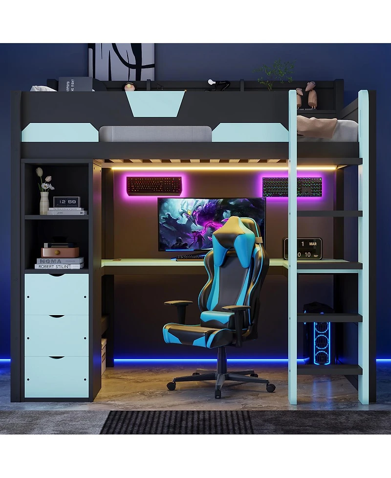 Streamdale Furniture Twin Wooden Gaming Loft Bed with Desk, Rgb Lights and Drawers