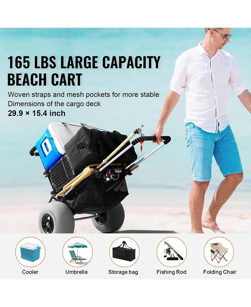 Mountaintop Beach Dolly with Big Wheels for Sand, 29.9" x 15.4" Cargo Deck, 12" Balloon Wheels, Folding Sand Cart, 165LBS Capacity