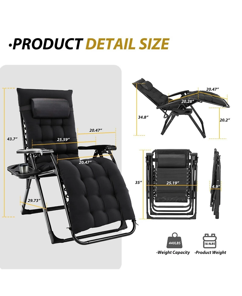 Mountaintop Zero Gravity Chair, Reclining Camping Lounge Chair for Indoor, Reclining Patio Chairs with Cup Holder Trays and Removable Cushion