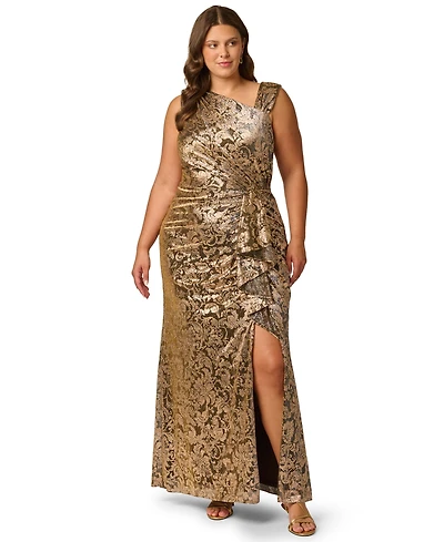 Adrianna Papell Petite Metallic-Floral Asymmetrical Neckline Sleeveless Gown