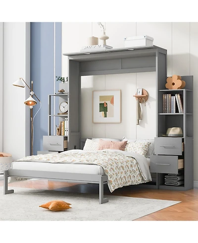 Clihome Queen Size Murphy Bed Wall Bed with Shelves, Drawers and Lights