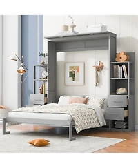 Clihome Queen Size Murphy Bed Wall Bed with Shelves, Drawers and Lights