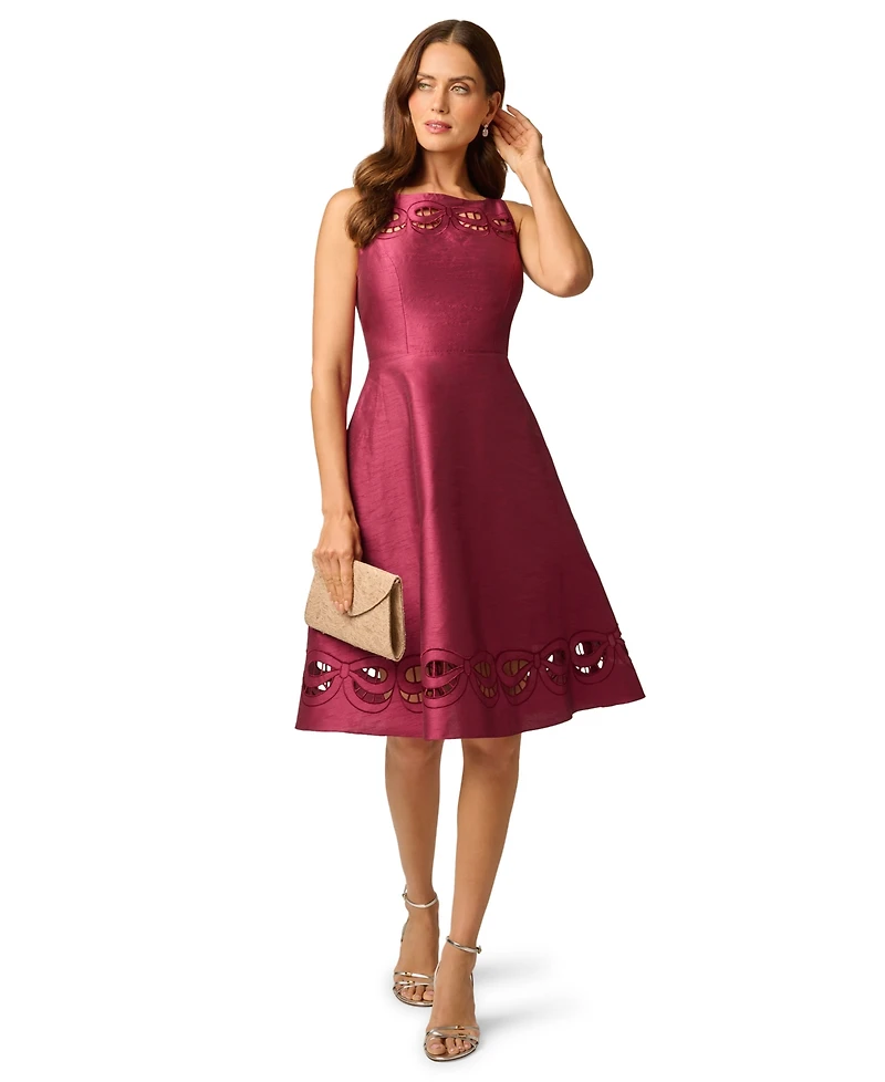 Adrianna Papell Women's Cutout Dupioni Midi Boat Neck Dress
