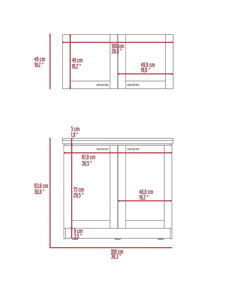 Fm Furniture Everett Kitchen Cabinet Set with Wall Cabinet, Storage Shelves, and Pantry