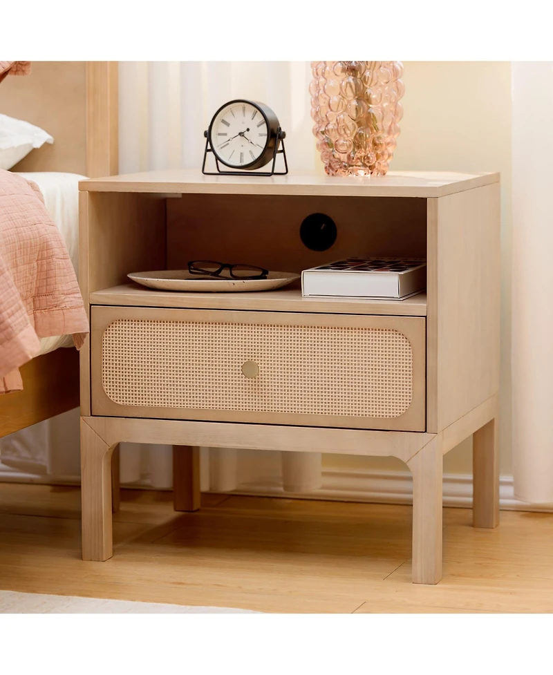 Plank+Beam Elio Rattan Cubby Nightstand with 1 Drawer, Electrical Outlet and Brass Knob
