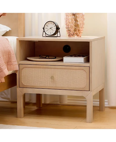 Plank+Beam Elio Rattan Cubby Nightstand with 1 Drawer, Electrical Outlet and Brass Knob