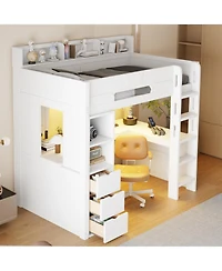 Clihome Twin Size Wooden Gaming Loft Bed with U-Shaped Desk, Smart Rgb Led Lights,Multi-Functional High Sleeper with 3 Drawers for Teens Adults