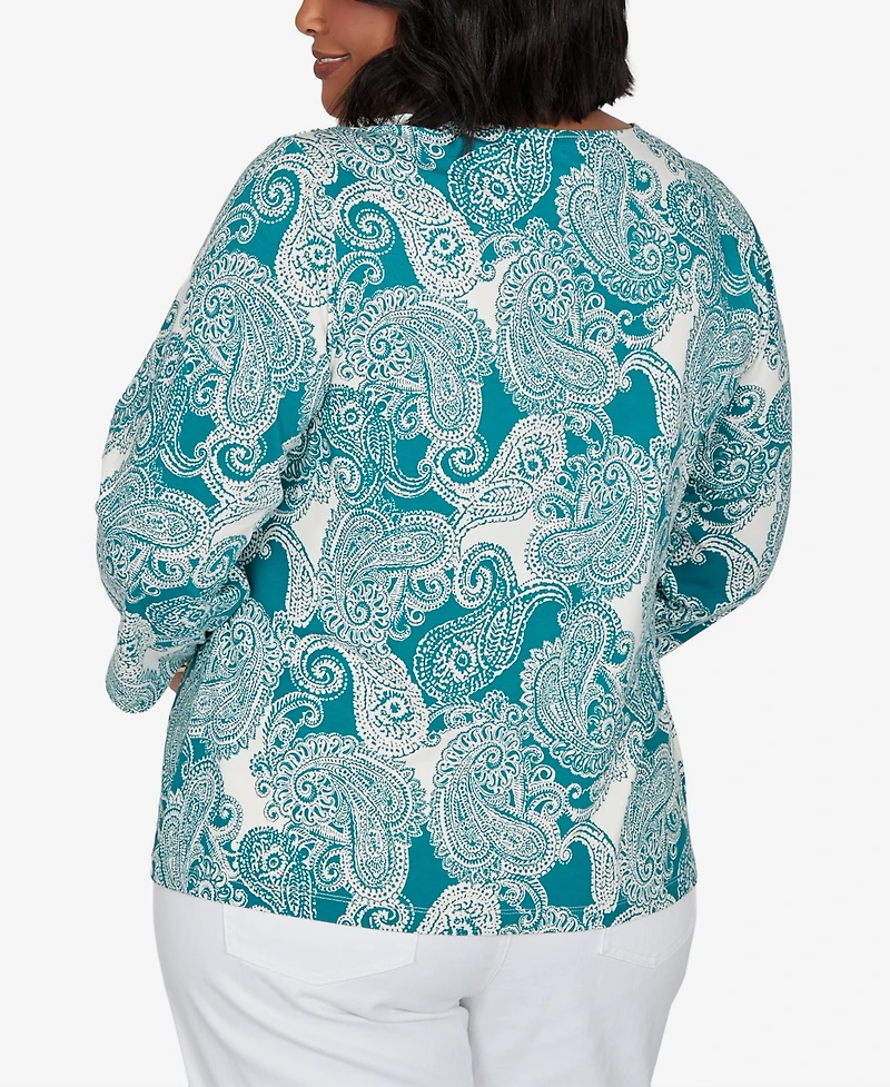 Hearts Of Palm Plus Stamped Paisley 3/4-Sleeve Scoop Neck T-Shirt