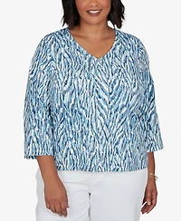 Heart Of Plam Plus Animal Print V-Neck Cotton-Blend Blouse
