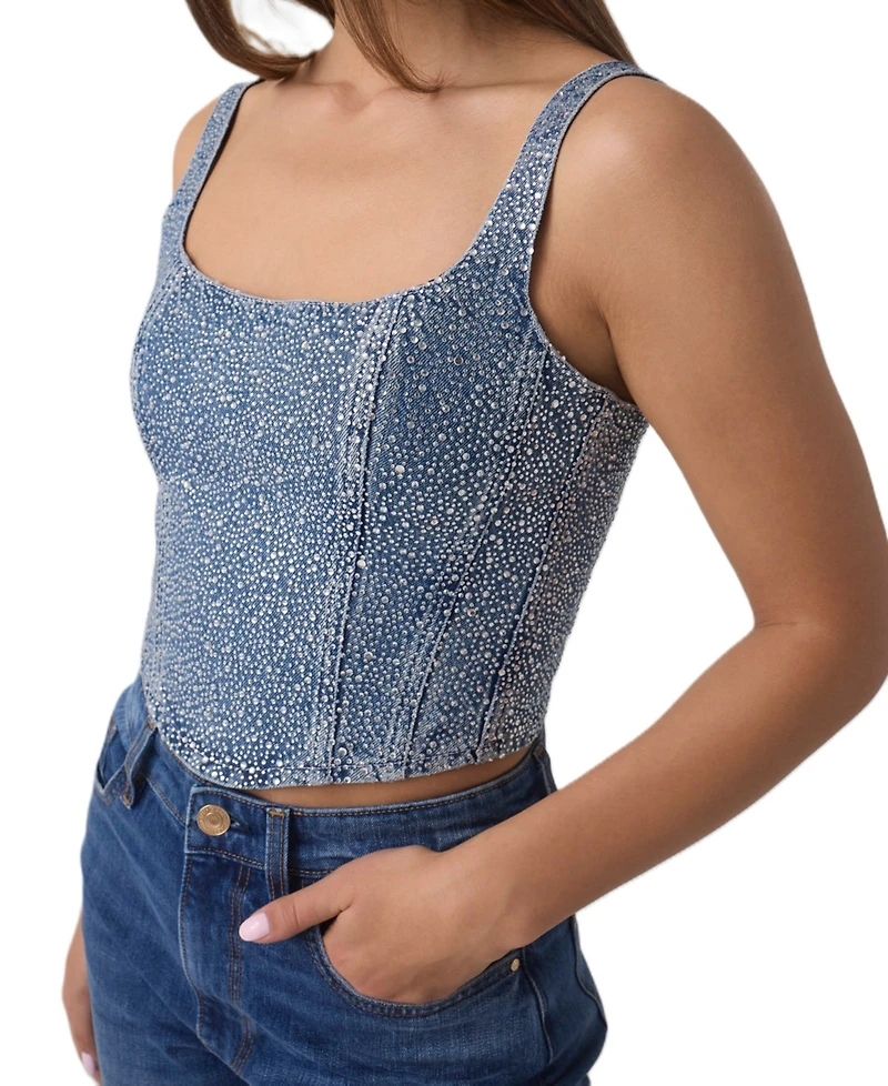 Guess Women's Gala Square-Neck Embellished Sleeveless Denim Bustier