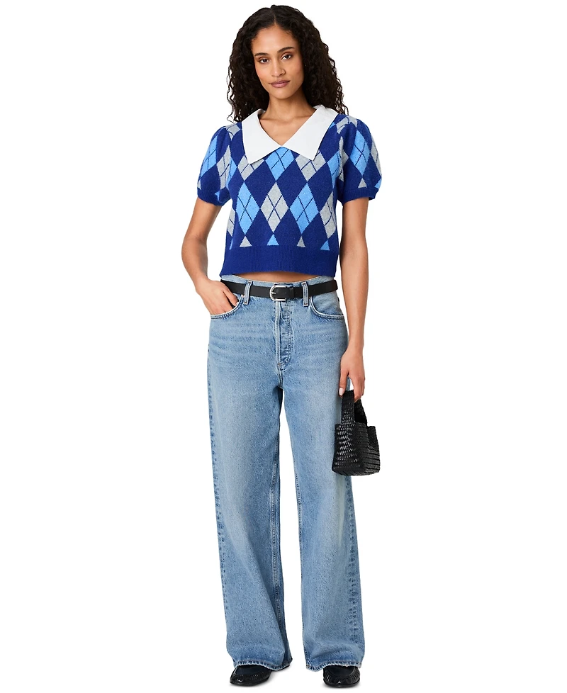 French Connection Women's Koda Puff-Sleeve Argyle-Jacquard Collared Top