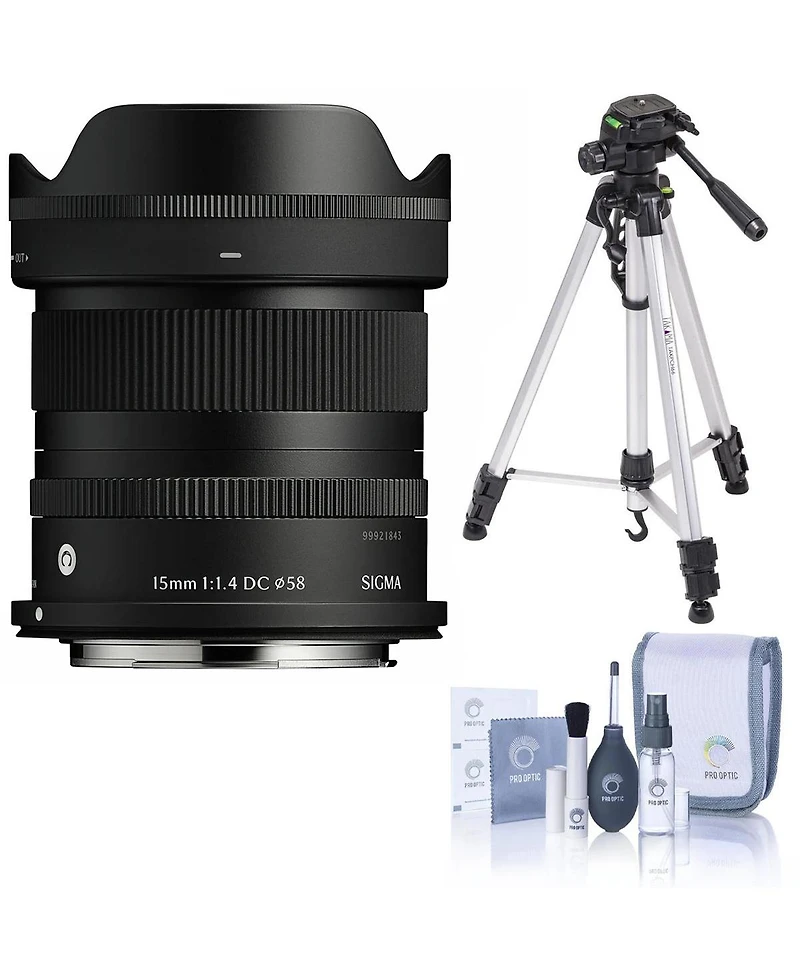Sigma 15mm f1.4 Dc Contemporary Lens for Canon Rf, Bundle with 3-Section Aluminum Tripod with 3-Way Head and Cleaning Kit