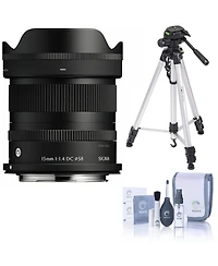 Sigma 15mm f1.4 Dc Contemporary Lens for Canon Rf, Bundle with 3-Section Aluminum Tripod with 3-Way Head and Cleaning Kit