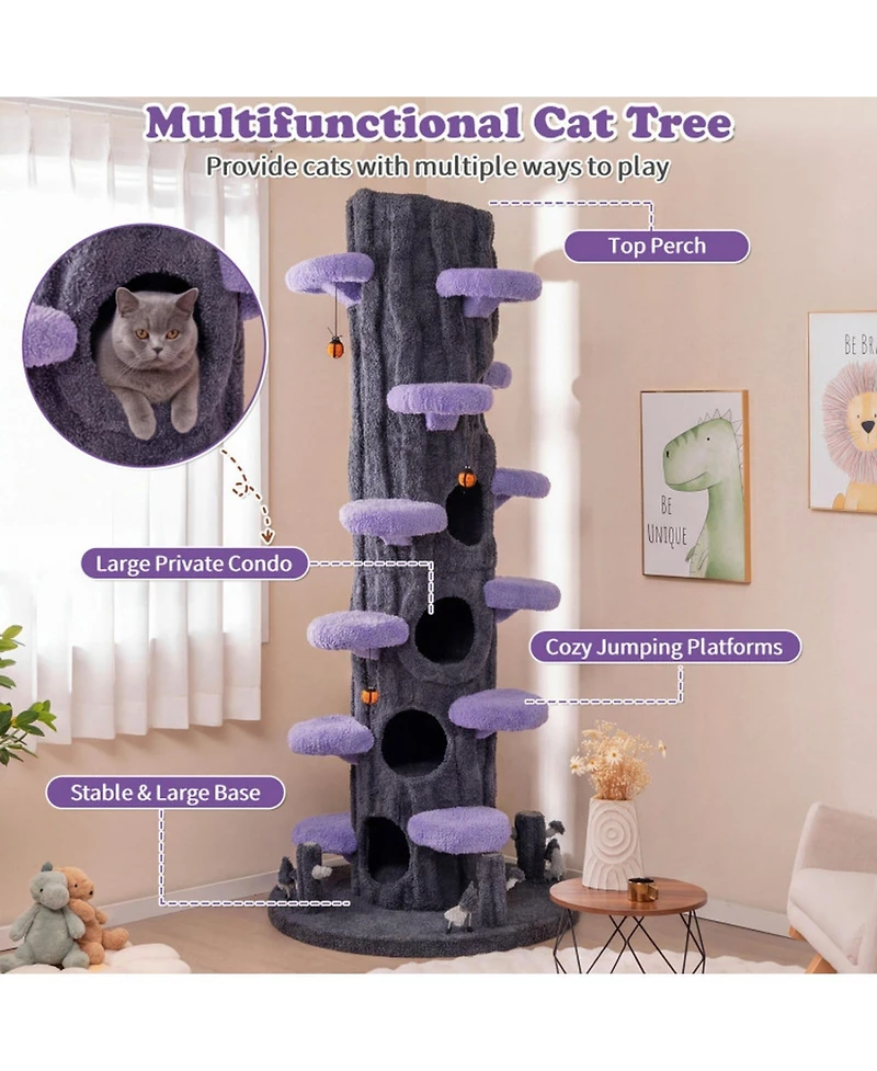 Sugift 90.5 Inch Tall Multifunctional Cat Tree with Private Condos and Wide Top Perch
