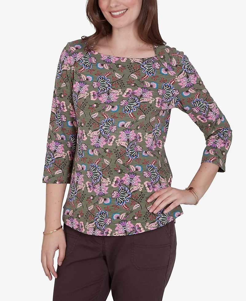 Ruby Rd. Petite Kint Garden Top Square-Neck 3/4-Sleeve Floral Blouse