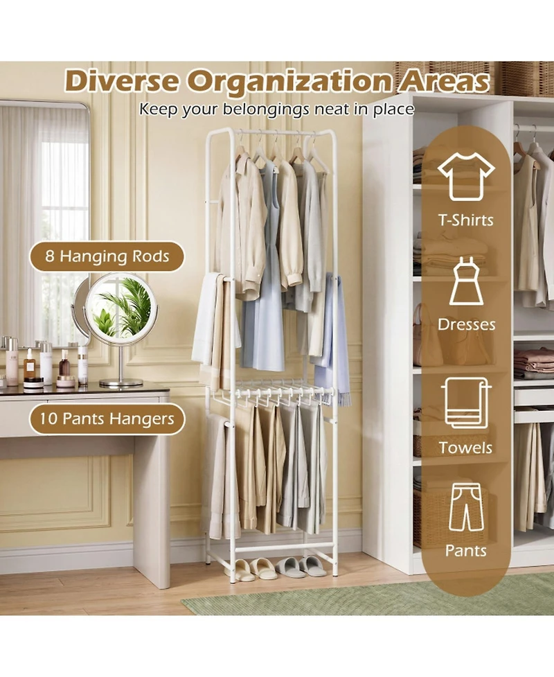 Sugift Slim Freestanding Coat Rack with 8 Hanging Rods and 10 Pants Hangers Vertical Garment Organizer