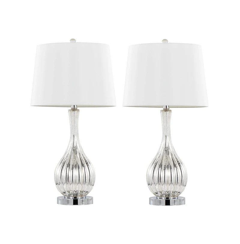 27" Glass Table Lamp in Silver Crackle Glass and Chrome Metal with White Linen Shade - Set of 2