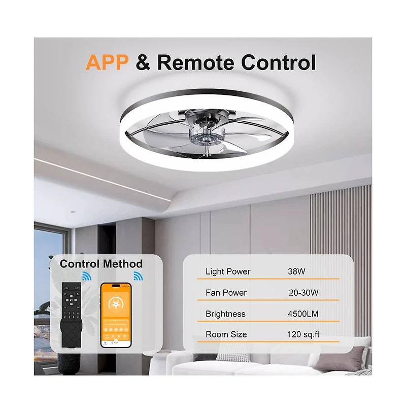 Sofucor 23.6-in Modern Ultra-Thin Flush Mount Ceiling Fan Light with Remote and App Control Included 5-Blade