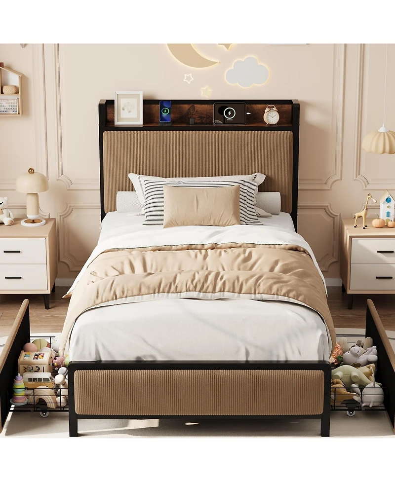homfan Bed Frame with 2 Drawers and Charging Station, Upholstered Headboard Led Lights, Under Storage