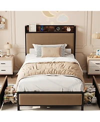 homfan Bed Frame with 2 Drawers and Charging Station, Upholstered Headboard Led Lights, Under Storage
