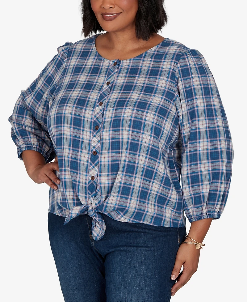 Ruby Rd. Plus Homestead Plaid 3/4-Sleeve Button-Front Top