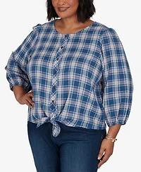 Ruby Rd. Plus Homestead Plaid 3/4-Sleeve Button-Front Top