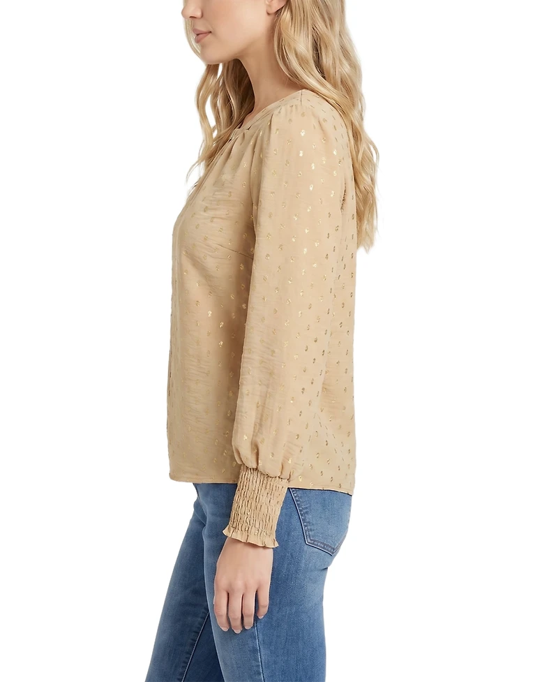 Ny Collection Petite Long-Sleeve Metallic Split-Neck Blouse