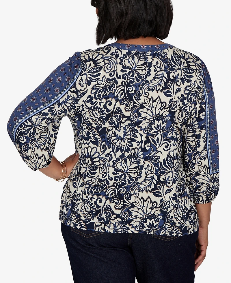 Ruby Rd. Plus Foliage Floral Henley 3/4-Sleeve Top