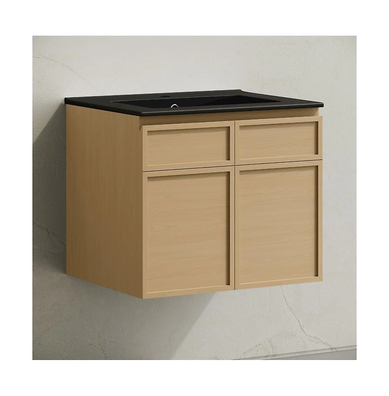 Swiss MadisonSt. Tropez 24" Wall-Mounted Bathroom Vanity in Natural Oak with Black Sink Top