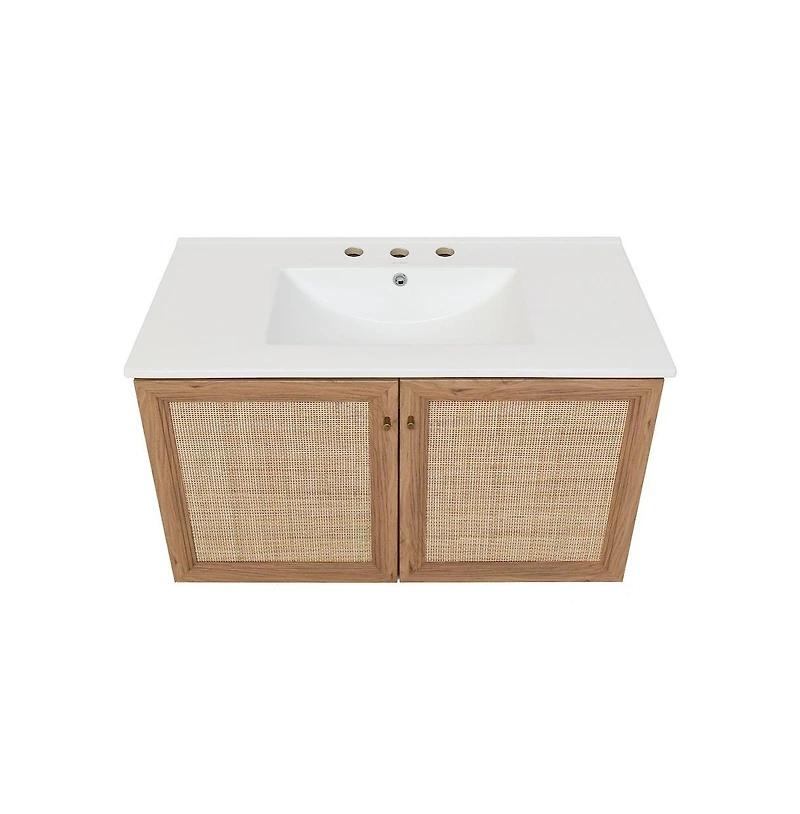 36 in. Brown Oak Wall Hung Bathroom Vanity With White, 3-Hole Ceramic Sink Top