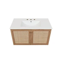 36 in. Brown Oak Wall Hung Bathroom Vanity With White, 3-Hole Ceramic Sink Top