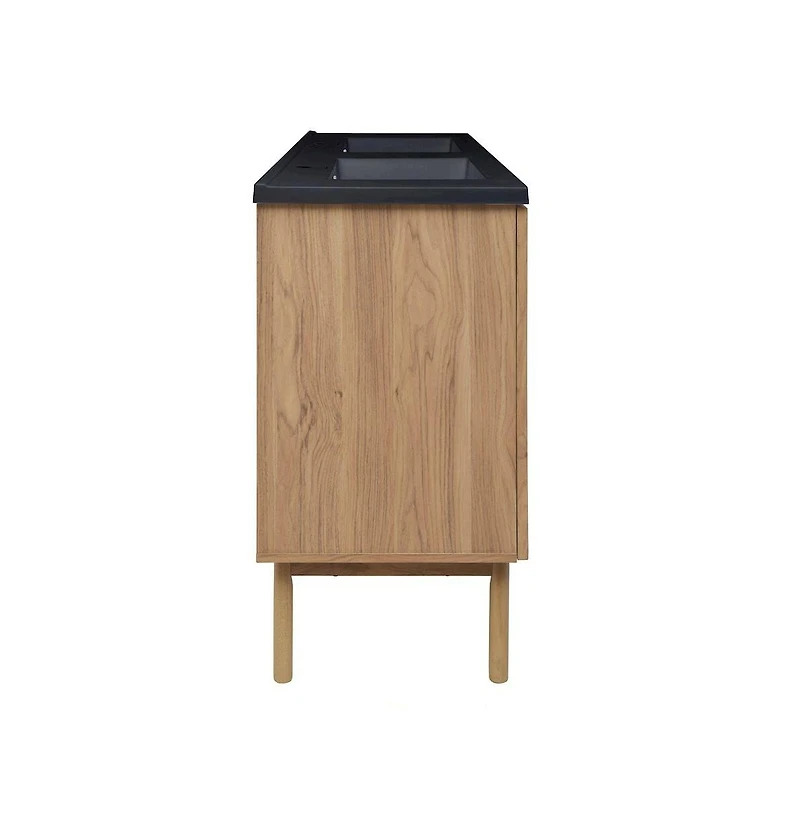 Swiss Madison60" Freestanding Bathroom Vanity in Golden Oak with Black Double Basin Sink Top